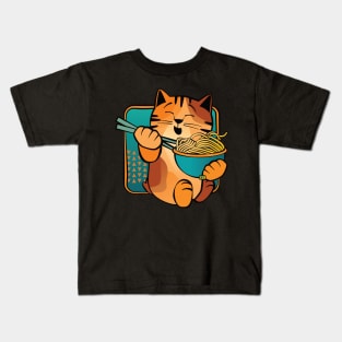 Happy Cat Eating Noodles Kids T-Shirt